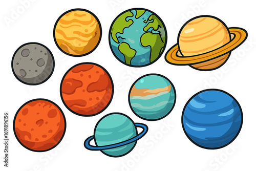 Cartoon planets of solar system vector illustration set. Colorful collection of space icons. Includes Earth, Mars, Jupiter, Saturn. Astronomy education for kids. Cute celestial body design.