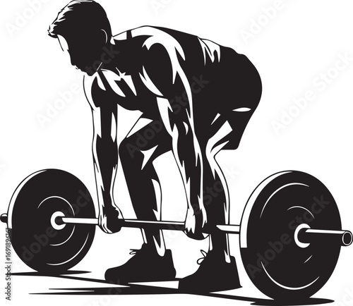 Muscular male fitness athlete silhouette performing barbell deadlift exercise strength training