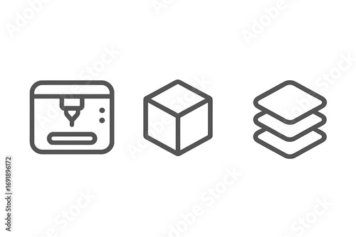 3D printing line icon set with printer, cube model, and layers. Vector symbols for additive manufacturing, prototyping, technology, and engineering. Minimalist isolated graphic elements.