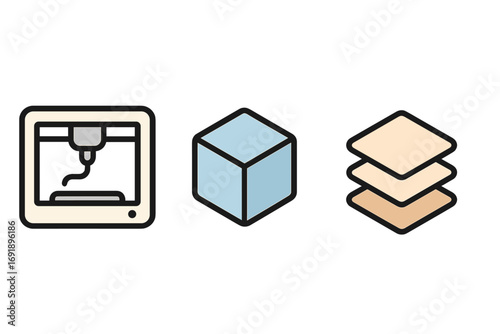 3D printing icon set. Vector line icons of printer, cube model, and layers. Concept of additive manufacturing, rapid prototyping, engineering, and digital fabrication technology.