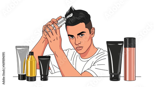 Young man applying hair product to his styled dark hair with a collection of grooming bottles and tubes arranged in front of him