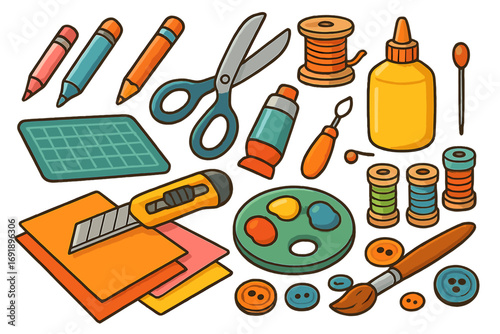 Crafting tools and art supplies icon set for creative hobby and DIY projects. Cartoon vector illustration of scissors, paint, brush, cutter, glue, and sewing materials.