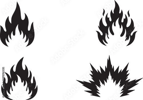 Four Black and White Fire Illustrations Depicting Different Styles and Intensities of Fire Flames and Bursts in a Graphic Design