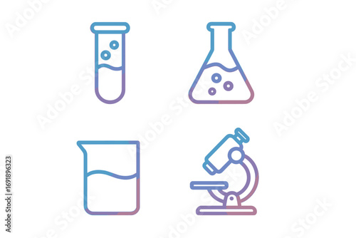 Science and chemistry lab equipment icon set. Vector line art illustration with gradient color. Minimalist icons for research, biology. Test tube, beaker, flask, microscope.