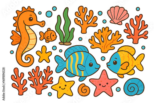 Colorful marine life collection with cute sea animals. Cartoon vector illustration set with fish, seahorse, starfish, shell, and coral. Underwater ocean elements for kids design.