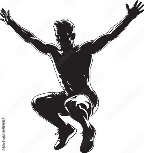 Athletic silhouette of a fit person in dynamic squat pose with arms raised for achievement