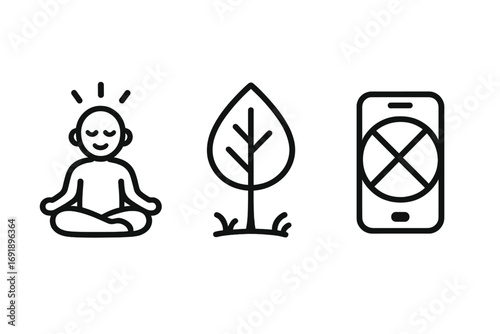 Digital detox icon set for mindfulness, nature, and technology-free living. Vector line art concept for well-being, mental health, offline balance, and slow living.