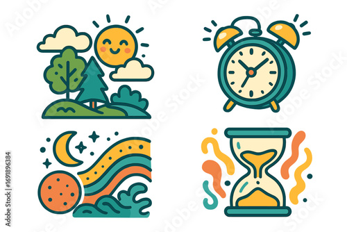 Vector illustration set of nature and time concepts. Day and night landscape with sun and moon. Alarm clock and hourglass for deadlines. Playful cartoon sticker pack for design.