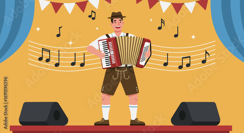 A lively flat design illustration of a Bavarian man in traditional attire playing an accordion, capturing the musical spirit of Oktoberfest.