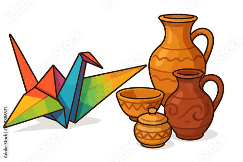 Origami paper crane bird and clay pottery set. Concept for traditional Japanese art and craft. Colorful handicraft and ceramic earthenware jug, pot, bowl vector illustration.