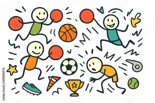 Stick figure sports doodle collection. Playful dodgeball game with dynamic characters. Vector cartoon illustration set with basketball, soccer ball, and championship trophy.