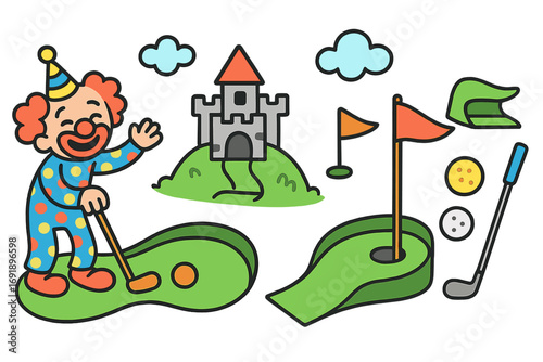 Mini golf vector illustration set. Playful cartoon doodle collection with clown, castle, putter, ball, and flag icons. Fun family pastime activity and leisure game elements.