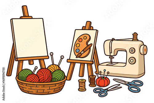 Crafting workshop tools for creative hobbies. DIY set with sewing machine, easel, canvas, yarn, and paint. Art supplies for handmade projects. Vector icon collection.