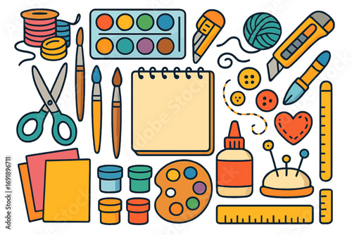 Art and craft supplies collection for DIY projects. Vector icons set for handmade hobbies like sewing, painting, drawing, and scrapbooking. Creative tools flat lay illustration.