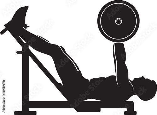 Fitness athlete silhouette performing leg press exercise with weightlifting barbell and plates