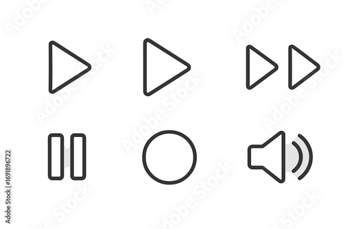 Media player control icon set for web and app design. Vector line art buttons for UI and UX interface. Contains play, pause, stop, record, next, and volume symbols.