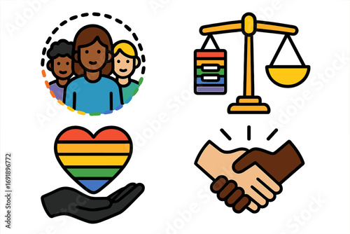 Inclusivity and equality icon set. Diverse community, LGBTQ rights, justice scale, pride heart and interracial handshake. Vector cartoon symbols for diversity and social justice.