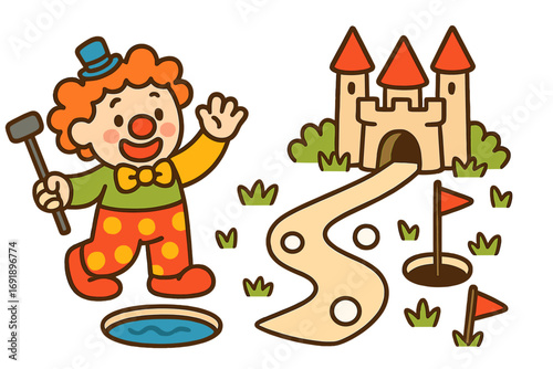Playful mini golf vector set with cute cartoon clown character, castle, and course elements. Fun kids' pastime activity illustration for leisure game design, isolated doodle icons.