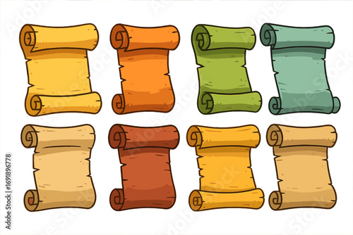 Set of colorful old parchment paper scrolls. Ancient rolled manuscript collection. Vintage blank papyrus for message or map. Medieval cartoon vector illustration element.