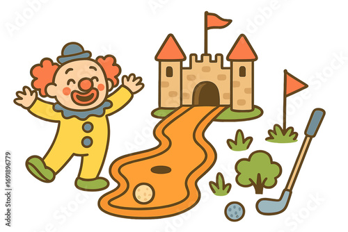 Mini golf adventure set with playful clown, castle obstacle, and equipment. Vector cartoon illustration for family fun, leisure activity, and amusement park themes. Fun