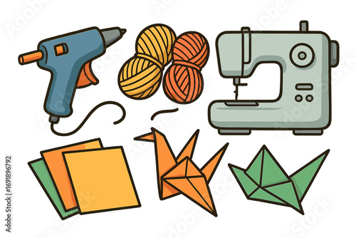 Craft and hobby tools set for DIY projects. Handmade creative activities concept. Includes sewing machine, yarn for knitting, hot glue gun, and paper for origami art.