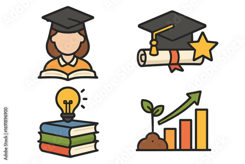 Set of education icons. Student graduation, academic achievement. Knowledge, learning, idea lightbulb on books. Growth chart, career progress. University success concept vector.
