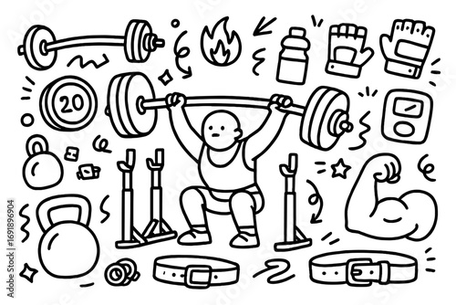 Powerlifting and weightlifting doodle icon set. Gym workout and fitness equipment cartoon vector illustration. Barbell, squat, kettlebell, strongman exercise elements.
