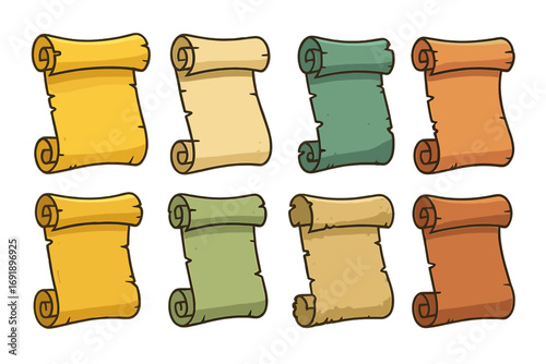 Set of colorful cartoon parchment scrolls. Ancient rolled paper vector illustration. Old medieval manuscript, vintage document or treasure map template. Blank banner design.