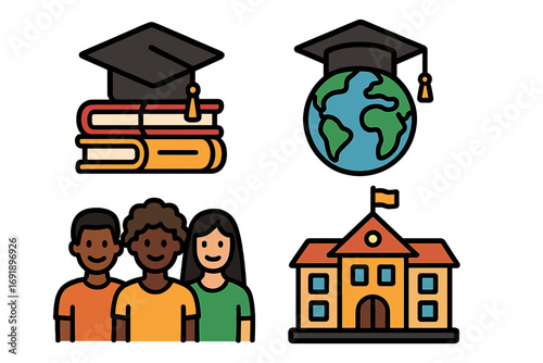 Vector icon set for education, learning, and achievement. Includes diverse students, school, graduation cap on books and globe. Global community and academic success concept.