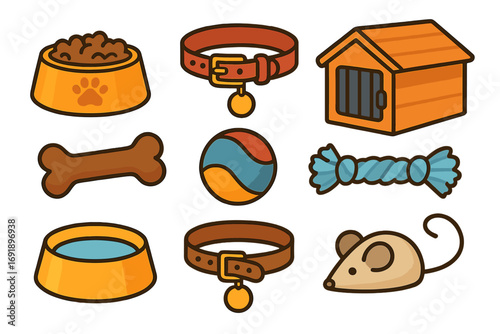 Pet shop accessories icon set. Vector collection of dog and cat supplies. Includes food bowl, collar, kennel, bone, ball, rope and mouse toy. Animal care concept cartoon.