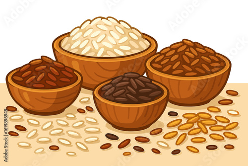 Rice varieties and grains in wooden bowls. White, brown, red, and black rice assortment. Healthy food, staple ingredient, and agricultural harvest concept. Vector cartoon.