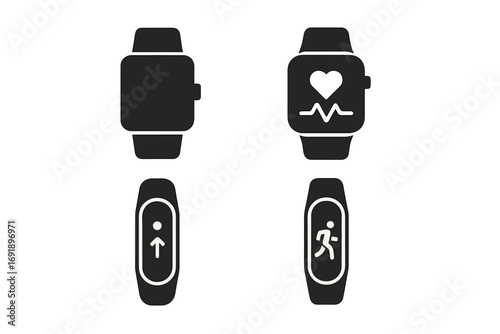 Smartwatch and fitness tracker glyph icon set. Wearable technology for health. Heart rate, pulse, and running activity tracker. Minimalist silhouette vector. Sport gadget.