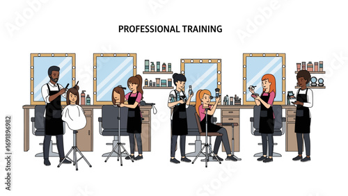 Diverse group of aspiring hairdressers practicing professional training in a modern salon setting with mirrors and styling tools