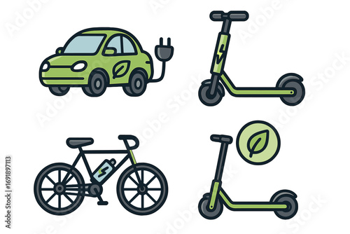 Electric and eco friendly transportation icon set. Modern mobility solutions like electric car, e-bike and scooter. Green energy and sustainable urban transport concept vector.
