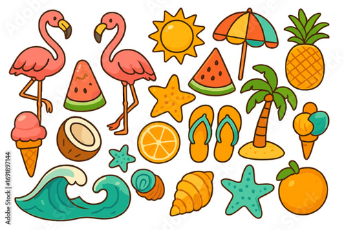 Summer beach icon set. Tropical vacation cartoon sticker collection. Flamingo, palm tree, sun, wave, sea shell, tropical fruit, ice cream. Vector illustration isolated.