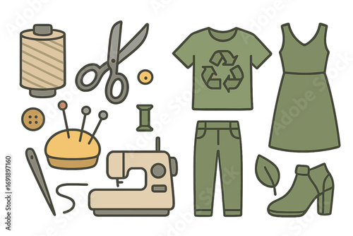 Eco-friendly fashion and sewing tools set. Sustainable clothing and tailoring equipment. Slow fashion concept with recycle symbol. Vector cartoon illustration for mending and DIY.