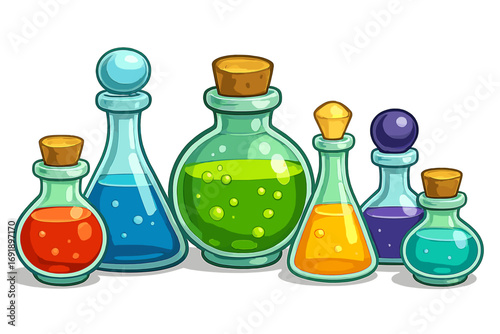 Magic potion bottles vector set. Cartoon glass flasks with colorful liquid, elixir or poison for fantasy games. Alchemy icon collection. Witchcraft remedy vials illustration.