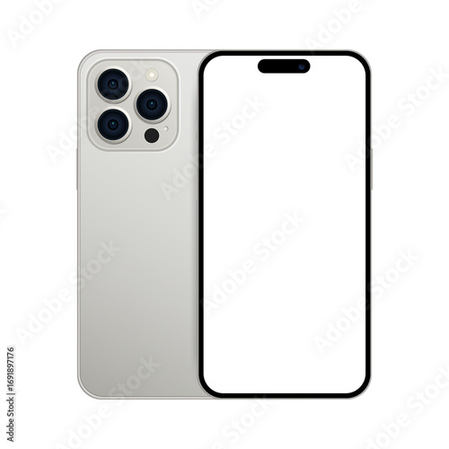 Mobile phone gray color device, front and rear side mockup template with blank screen for application advertisement. Realistic smartphone isolated user interface design, vector illustration