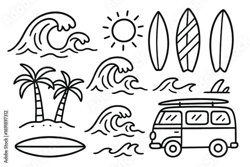 Surfing elements icon collection. Hand drawn doodle line art. Vector set with ocean wave, surfboard, palm tree, sun, camper van. Summer beach holiday & travel illustration.