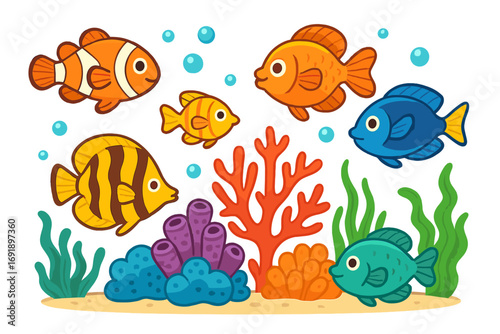 Cute cartoon fish collection. Underwater sea life with clownfish, tropical fish and coral reef. Colorful marine animal set for kids. Happy ocean characters vector illustration.