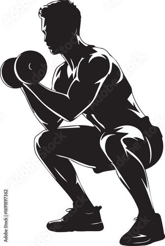 Fit man silhouette performing dumbbell squat strength training exercise
