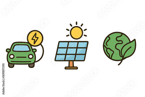Sustainable energy solution icons. Electric car, solar panel, green planet earth symbol set. Renewable power, eco friendly transport, ecology concept vector illustration.