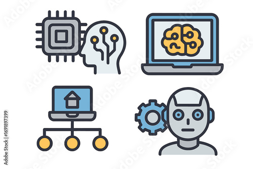 Artificial intelligence icon set. Machine learning, data science, robotics technology. AI brain, neural network, cpu chip, automation process, chatbot vector icons.