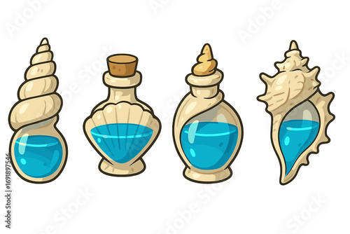 Magic sea shell potion bottles with blue liquid. Fantasy marine elixir collection. Vector icon for game assets, alchemy, or witchcraft. Cartoon illustration set isolated.