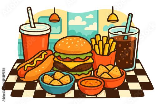 Fast food combo meal with burger, fries, hot dog, soda, and nachos. Vector cartoon illustration set for diner menu. Junk food concept. Unhealthy eating graphic design.