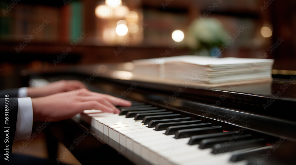 Obraz premium Sacred choir director leading rehearsal in a church music room with a grand piano and stacked hymnals shown in a high end photo with exceptional detail soft focus blur and