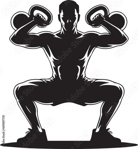 Muscular athlete silhouette performing kettlebell squats intense strength training workout