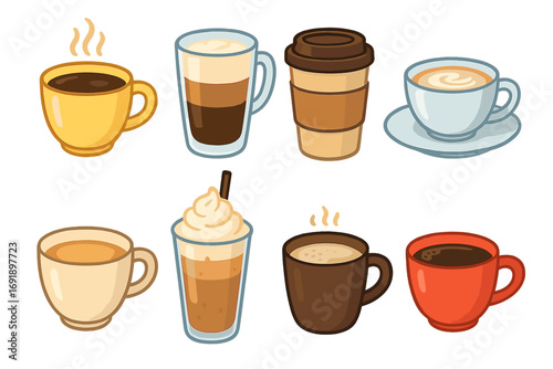 Coffee cups vector icon set. Collection of hot drinks like espresso, latte, cappuccino, americano. Assortment of cartoon mugs for cafe menu. Beverage and drink illustration.