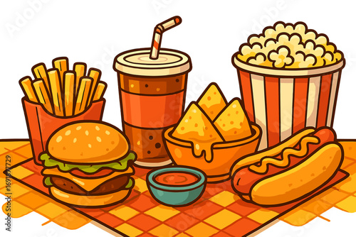 Fast food combo meal cartoon illustration. Burger, hot dog, french fries, popcorn, nachos and soda. Junk food set for takeaway, delivery or cinema. American snack menu concept.