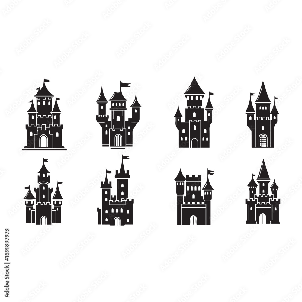 Fototapeta premium Set of fairytale castles, elegant towers with flags, architecture illustration in flat design, simple castle buildings for logo